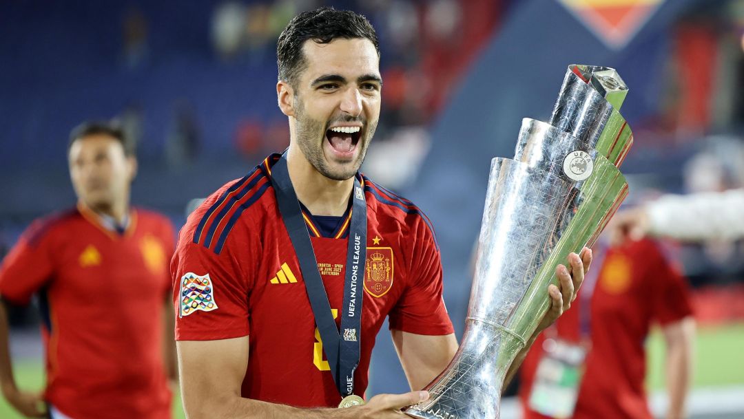 ROTTERDAM, NETHERLANDS - JUNE 18: Mikel Merino of Spain celebrates with the UEFA Nations League trophy after the team's victory in the UEFA Nations League 2022/23 final match between Croatia and Spain at De Kuip on June 18, 2023 in Rotterdam, Netherlands. (Photo by Christof Koepsel/Getty Images)