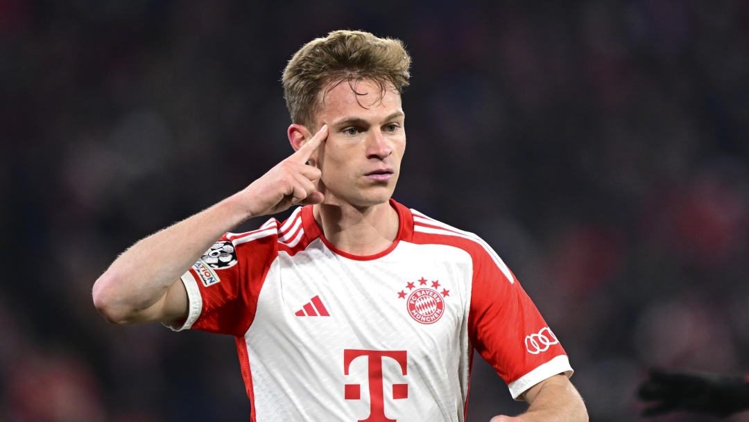 Bayern's Joshua Kimmich celebrates after scoring his side's opening goal during the Champions League quarter final second leg soccer match between Bayern Munich and Arsenal at the Allianz Arena in Munich, Germany, Wednesday, April 17, 2024. (AP Photo/Christian Bruna)