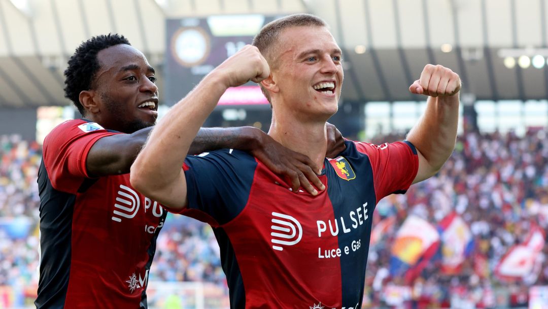 Genoas Albert Gudmundsson (R) jubilates with his teammate Ridgeciano Haps after scoring the goal during the Italian Serie A soccer match Udinese Calcio vs Genoa CFC at the Friuli - Dacia Arena stadium in Udine, Italy, 1 October 2023. ANSA / GABRIELE MENIS