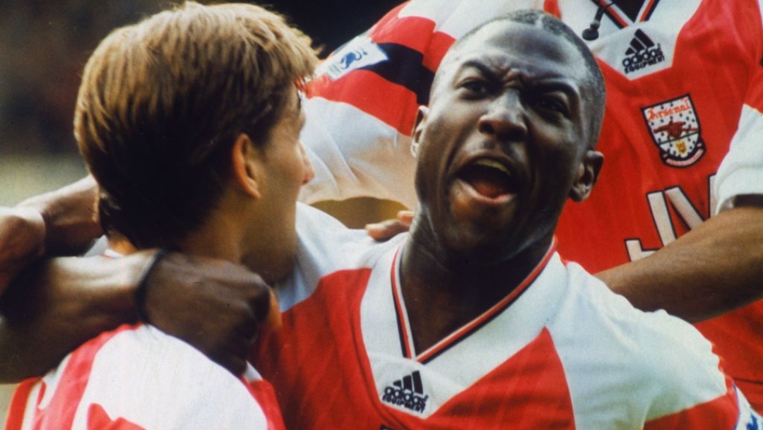 circa 1992:  Kevin Campell (right) and Tony Adams of Arsenal FC.  (Photo by Rob Gallagher/Hulton Archive/Getty Images)