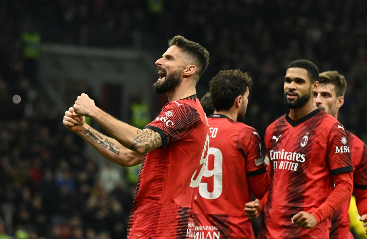 MILAN, ITALY - MARCH 07: Olivier Giroud of AC Milan celebrates after scoring the opening during the UEFA Europa League 2023/24 round of 16 first leg match between AC Milan and Slavia Praha at Stadio Giuseppe Meazza on March 07, 2024 in Milan, Italy. (Photo by Claudio Villa/AC Milan via Getty Images) (Photo by Claudio Villa/AC Milan via Getty Images)