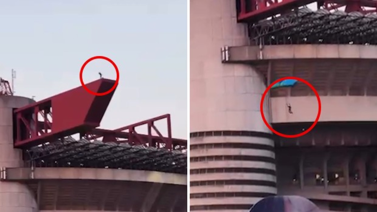 follia a san siro paracadutista si getta dal tetto dello stadio giuseppe meazza da Video.gazzetta.it follia a san siro paracadutista si getta dal tetto dello stadio giuseppe meazza