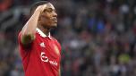 Manchester United's Anthony Martial celebrates after scoring his side's second goal during the English Premier League soccer match between Manchester United and Chelsea at the Old Trafford stadium in Manchester, England, Thursday, May 25, 2023. (AP Photo/Dave Thompson)