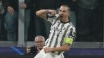 FILE - Juventus' Leonardo Bonucci celebrates after scoring his side's opening goal during the Champions League group H soccer match between Juventus and Paris Saint Germain at the Allianz stadium in Turin, Italy, Wednesday, Nov. 2, 2022. Italy captain Leonardo Bonucci?s potential move to Union Berlin and Bayern Munich?s search for a defensive midfielder are among the outstanding matters to be cleared up on the final day of the transfer window in Germany.  (AP Photo/Antonio Calanni, File)