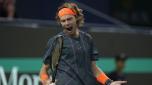 Andrey Rublev of Russia reacts during the men's singles semifinal match against Grigor Dimitrov of Bulgaria in the Shanghai Masters tennis tournament at Qizhong Forest Sports City Tennis Center in Shanghai, China, Saturday, Oct. 14, 2023. (AP Photo/Andy Wong)