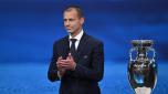 UEFA president Aleksander Ceferin announces the names of UK and Ireland being elected to host the Euro 2028 fooball tournament during the announcement ceremony at the UEFA headquarters in Nyon on October 10, 2023. (Photo by Fabrice COFFRINI / AFP)