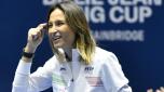 epa10964470 Italy's captain Tathiana Garbin reacts during the group D stage singles tennis match between Martina Trevisan of Italy and Alize Cornet of France at the Billie Jean King Cup Finals 2023 in La Cartuja stadium in Seville, Spain, 08 November 2023.  EPA/Raul Caro
