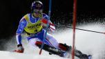 France's Clement Noel speeds down the course during an alpine ski, men's World Cup slalom, in Madonna di Campiglio, Italy, Friday, Dec. 22, 2023. (AP Photo/Alessandro Trovati)