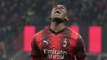 AC Milan's Rafael Leao celebrates after scoring his side's third goal during the Europa League play-off first leg soccer match between AC Milan and Rennes at the San Siro Stadium, in Milan, Italy, Thursday, Feb. 15, 2024. (AP Photo/Antonio Calanni)