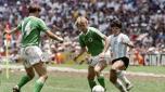 Argentina's Diego Maradona (R) fights for the ball with German Andreas Brehme (C) and his teammate Thomas Berthold during the final match of the 1986 Football World Cup Federal Republic of Germany vs. Argentina on June 29, 1986 at Mexico City. (Photo by AFP)