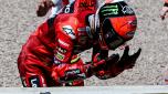epa10022214 Italian MotoGP rider Francesco Bagnaia of Ducati Lenovo Team reacts after crashing during the MotoGP race of the Motorcycling Grand Prix of Germany at the Sachsenring racing circuit in Hohenstein-Ernstthal, Germany, 19 June 2022.  EPA/FILIP SINGER