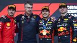 Il podio di Baku: da sin Lelcerc con Perez e Verstappen. GETTY