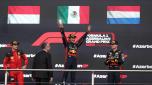 Il podio di Baku con Leclerc (a sin), Perez e Verstappen. EPA