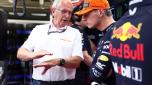 BUDAPEST, HUNGARY - JULY 21: Max Verstappen of the Netherlands and Oracle Red Bull Racing talks with Red Bull Racing Team Consultant Dr Helmut Marko in the garage during practice ahead of the F1 Grand Prix of Hungary at Hungaroring on July 21, 2023 in Budapest, Hungary. (Photo by Dan Istitene/Getty Images)