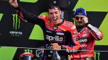Race winner, Aprilia Racing Spanish rider Aleix Espargaro celebrates on the podium at the presentation after the Moto GP race of the motorcycling British Grand Prix at Silverstone circuit in Northamptonshire, central England, on August 6, 2023. (Photo by Ben Stansall / AFP)