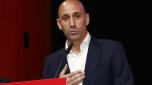 The president of the Spanish soccer federation Luis Rubiales speaks during an emergency general assembly meeting in Las Rozas, Friday Aug. 25, 2023. Rubiales has refused to resign despite an uproar for kissing a player, Jennifer Hermoso on the lips without her consent after the Women's World Cup final. Rubiales had also grabbed his crotch in a lewd victory gesture from the section of dignitaries with Spain's Queen Letizia and the 16-year old Princess Sofía nearby. (Real Federación Española de Fútbol/Europa Press via AP)