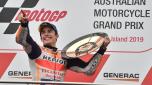(FILES) Repsol Honda MotoGP rider Marc Marquez of Spain holds up the trophy after winning the Australian motorcycle Grand Prix at Phillip Island on October 27, 2019. Marc Marquez will leave Honda, where he won his six world MotoGP titles, at the end of the season, the team announced on Ocotber 4, 2023. (Photo by PETER PARKS / AFP) / -- IMAGE RESTRICTED TO EDITORIAL USE - STRICTLY NO COMMERCIAL USE --