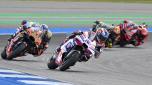 Spain's Jorge Martin is chased by the pack of rider during the MotoGP at the Chang International Circuit in Buriram, Thailand, Sunday, Oct. 29, 2023. (AP Photo/ Kittinun Rodsupan)