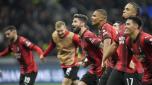 AC Milan players celebrate at the end of the Champions League, Group F soccer match between AC Milan and PSG, at the San Siro stadium in Milan, Italy, Tuesday, Nov. 7, 2023. AC Milan won 2-1. (AP Photo/Luca Bruno)