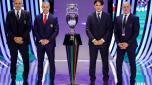 Italy's head coach Luciano Spalletti, Albania's head coach Sylvinho, Croatia's head coach Zlatko Dalic and Spain's head coach Luis de la Fuente pose next to the trophy after the final draw for the UEFA Euro 2024 European Championship football competition in Hamburg, northern Germany on December 2, 2023. (Photo by Odd ANDERSEN / AFP)