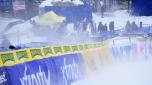 Wind blows snow over barriers at the finish area after a men's World Cup downhill skiing race was cancelled due to poor weather conditions Saturday, Dec. 2, 2023, in Beaver Creek, Colo. (AP Photo/John Locher)