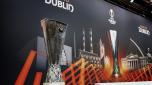 The UEFA Europa League trophy is pictured, during the UEFA Europa League 2023/24 knockout round play-off draw, at the UEFA headquarters in Nyon, Switzerland, Monday, Dec. 18, 2023. (Salvatore Di Nolfi/Keystone via AP)