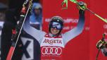 Italy's Federica Brignone celebrates taking third place in an alpine ski, women's World Cup giant slalom race, in Kranjska Gora, Slovenia, Saturday, Jan. 6, 2024. (AP Photo/Marco Trovati)