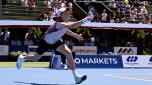 Jannik Sinner of Italy hits a return during his men's singles match against Norway's Casper Ruud at the Kooyong Classic tennis tournment in Melbourne on January 11, 2024. (Photo by William WEST / AFP) / --IMAGE RESTRICTED TO EDITORIAL USE - STRICTLY NO COMMERCIAL USE--