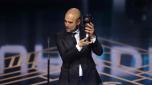 Manchester City coach Pep Guardiola receives The Best FIFA Men's Coach award during the Best FIFA Football Awards 2023 ceremony in London on January 15, 2024. (Photo by Adrian DENNIS / AFP)
