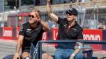 Haas F1 Team's Danish driver Kevin Magnussen and Haas F1 Team's German driver Nico Hulkenberg take part in the drivers' parade ahead the 2023 United States Formula One Grand Prix at the Circuit of the Americas in Austin, Texas, on October 22, 2023. (Photo by Jim WATSON / AFP)