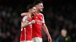 LONDON, ENGLAND - FEBRUARY 04: Jorginho and Declan Rice of Arsenal celebrate after the team's victory in the Premier League match between Arsenal FC and Liverpool FC at Emirates Stadium on February 04, 2024 in London, England. (Photo by Shaun Botterill/Getty Images)