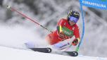 epa11141765 Lara Gut-Behrami of Switzerland in action during the first run of the Women's Giant Slalom race at the FIS Alpine Skiing World Cup in Soldeu, Andorra, 10 February 2024.  EPA/Guillaume Horcajuelo