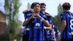 MILAN, ITALY - APRIL 06: Daniele Quieto of FC Internazionale U19 celebrates after scoring the first goal during the Primavera 1 match between FC Internazionale U19 and Frosinone U19 at Konami Youth Development Centre in memory of  Giacinto Facchetti on April 06, 2024 in Milan, Italy.  (Photo by Mattia Pistoia - Inter/Inter via Getty Images)