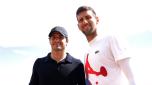 MONTE-CARLO, MONACO - APRIL 10: Formula 1 Motorsport Driver, Carlos Sainz Jr. and Tennis Player, Novak Djokovic of Serbia, pose for a photo on day four of the Rolex Monte-Carlo Masters at Monte-Carlo Country Club on April 10, 2024 in Monte-Carlo, Monaco. (Photo by Julian Finney/Getty Images)