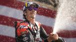 MotoGP rider Maverick Vinales, of Spain, celebrates after winning the sprint race during the MotoGP Grand Prix of the Americas motorcycle race at the Circuit of the Americas, Saturday, April 13, 2023, in Austin, Texas. (AP Photo/Eric Gay)
