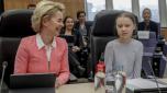 epaselect epa08268511 Swedish climate activist Greta Thunberg (R)  sits next to European Commission (EC) President Ursula von der Leyen (L) ahead of the EC's weekly College of Commissioners meeting in Brussels, Belgium, 04 March 2020. The College is set to pass a new European Climate Law proposal, which would increase the current greenhouse gas emission reduction targets for 2030, with the ultimate goal being attaining complete climate neutrality (that is, achieving net zero emissions for EU countries as a whole) by 2050.  EPA/OLIVIER HOSLET