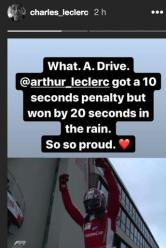 La story di Charles Leclerc dopo la vittoria del fratello Arthur. Instagram
