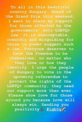 La storia Instagram di Hamilton che supporta la comunità Lgbtq ungherese