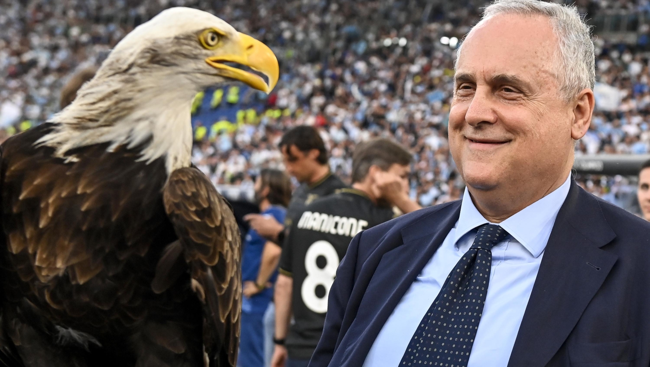 OLIMPICO STADIUM, ROME, ITALY - 2023/05/28: SS Lazio President Claudio Lotito poses with the eagle Olimpia during the celebrations of the champions league qualification at the end of the Serie A football match between SS Lazio and US Cremonese. Lazio won 3-2 over Cremonese. (Photo by Andrea Staccioli/Insidefoto/LightRocket via Getty Images)