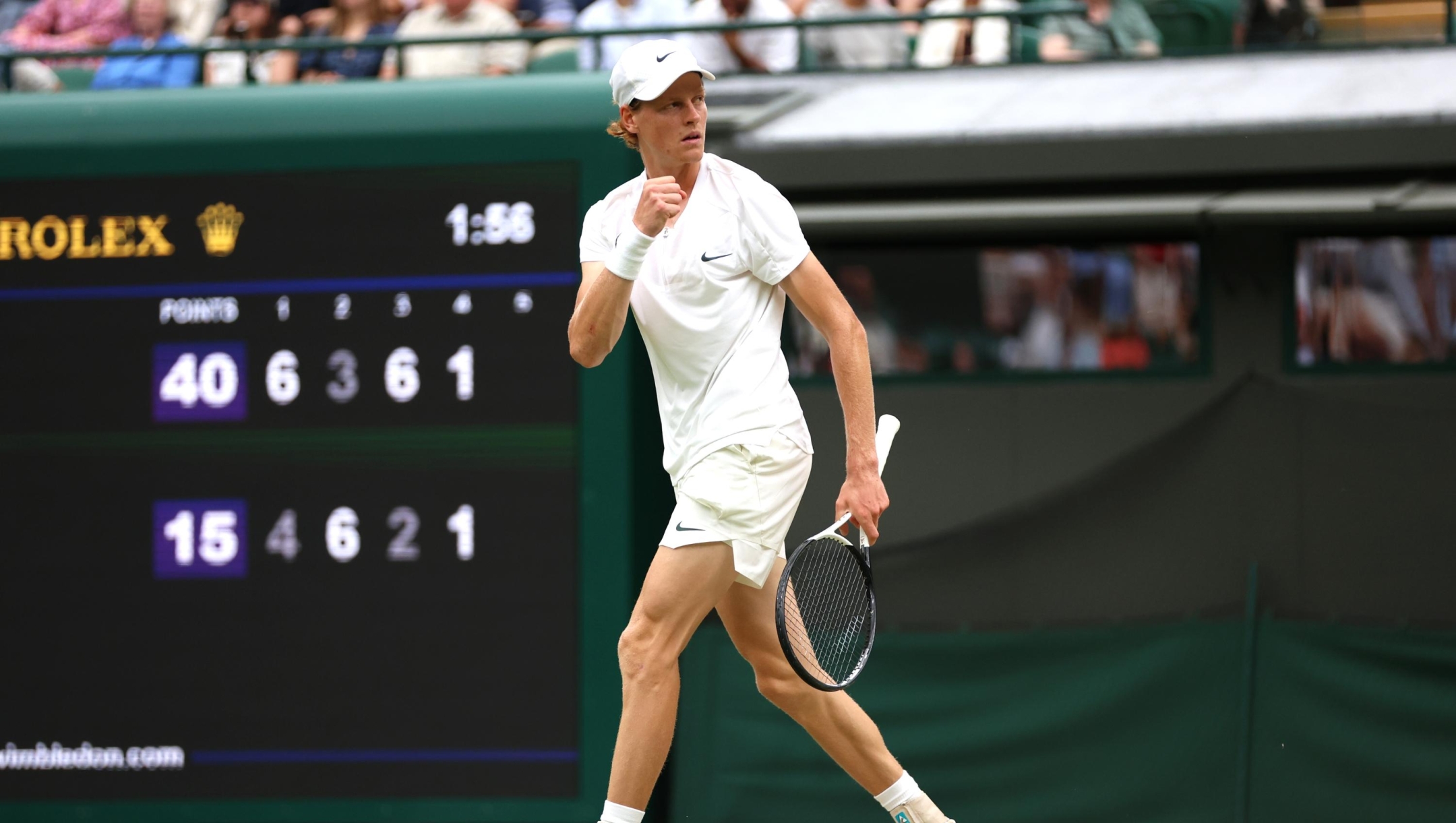 LONDON, ENGLAND - JULY 11: Jannik Sinner of Italy celebrates against Roman Safiullin in the Men's Singles Quarter Final match during day nine of The Championships Wimbledon 2023 at All England Lawn Tennis and Croquet Club on July 11, 2023 in London, England. (Photo by Clive Brunskill/Getty Images)