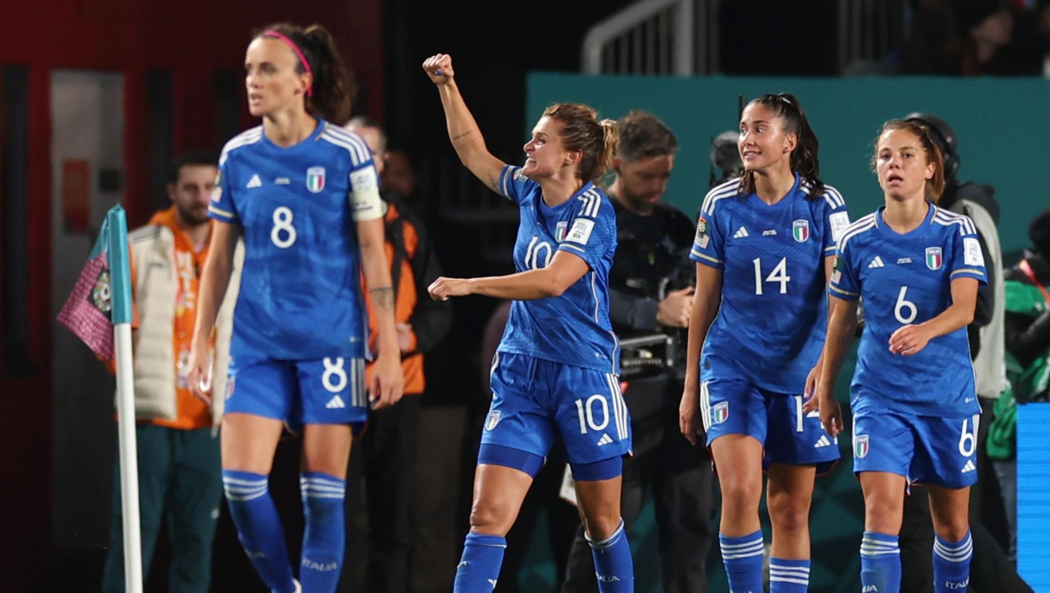 AUCKLAND, NEW ZEALAND - JULY 24: Cristiana Girelli (3rd R) of Italy celebrates with teammates after scoring her team's first goal during the FIFA Women's World Cup Australia & New Zealand 2023 Group G match between Italy and Argentina at Eden Park on July 24, 2023 in Auckland / T?maki Makaurau, New Zealand. (Photo by Buda Mendes/Getty Images)