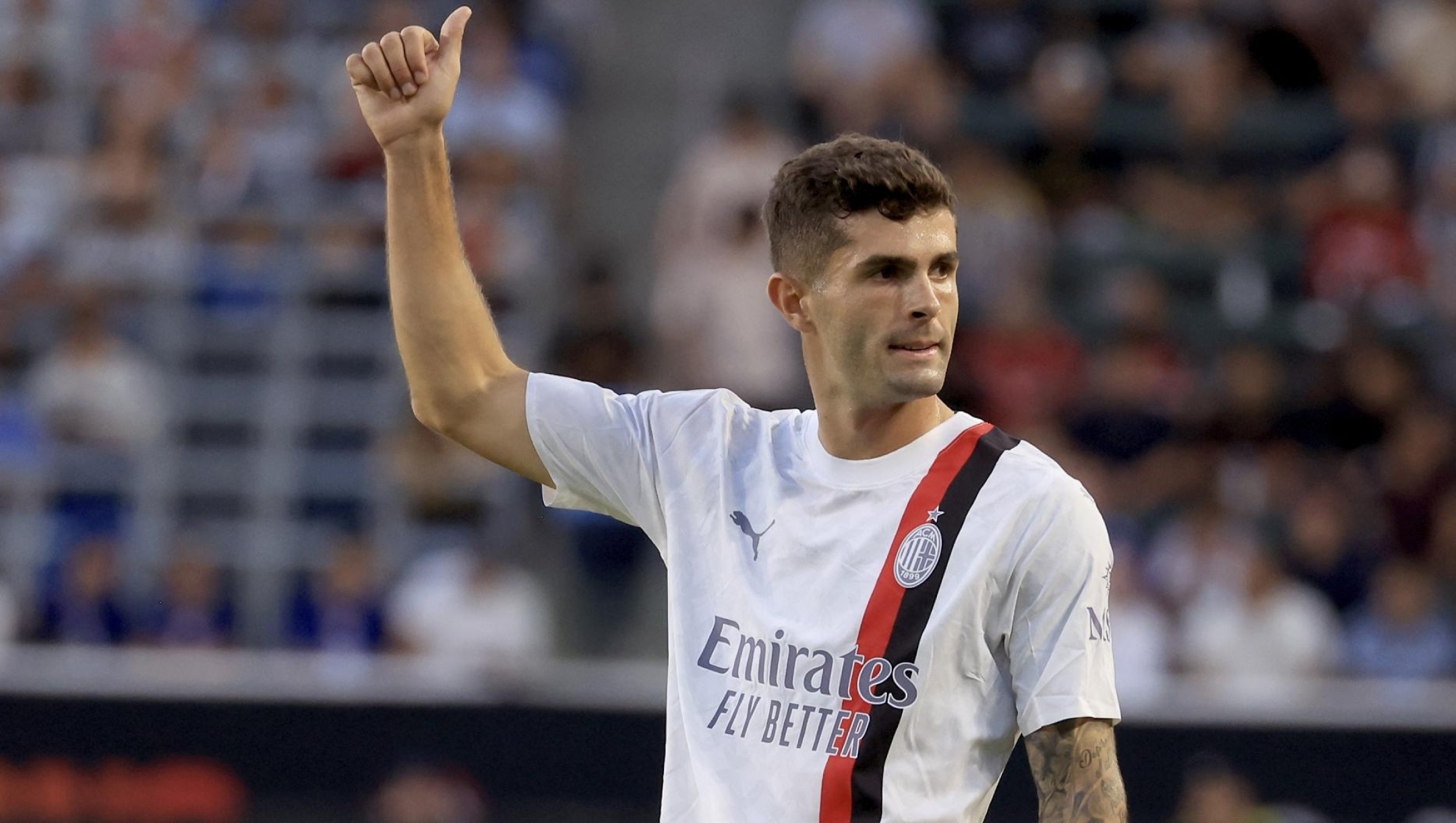 CARSON, CALIFORNIA - JULY 27: Christian Pulisic of AC Milan gestures during the Pre-Season Friendly match between Juventus and AC Milan at Dignity Health Sports Park on July 27, 2023 in Carson, California. (Photo by Giuseppe Cottini/AC Milan via Getty Images)