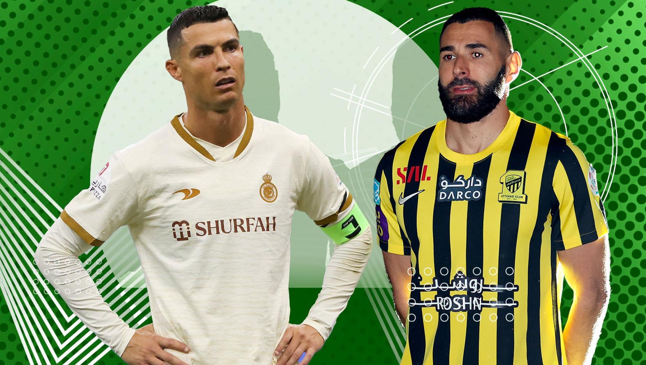 Benzema e Ronaldo contro, sfondo arabo