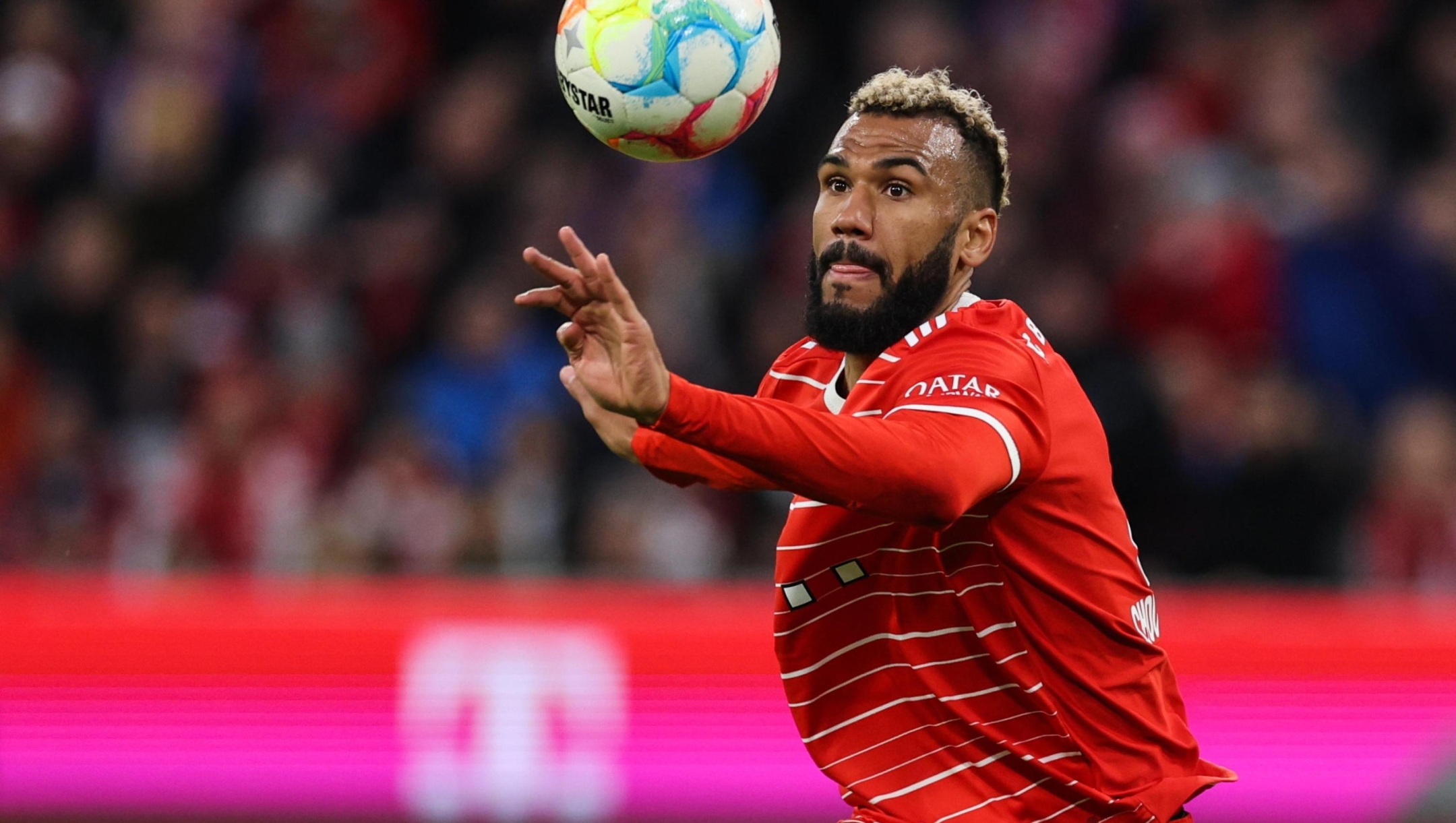 epa10554166 Munich's Eric Maxim Choupo-Moting in action during the German Bundesliga soccer match between FC Bayern Munich and Borussia Dortmund in Munich, Germany, 01 April 2023.  EPA/ANNA SZILAGYI CONDITIONS - ATTENTION: The DFL regulations prohibit any use of photographs as image sequences and/or quasi-video.