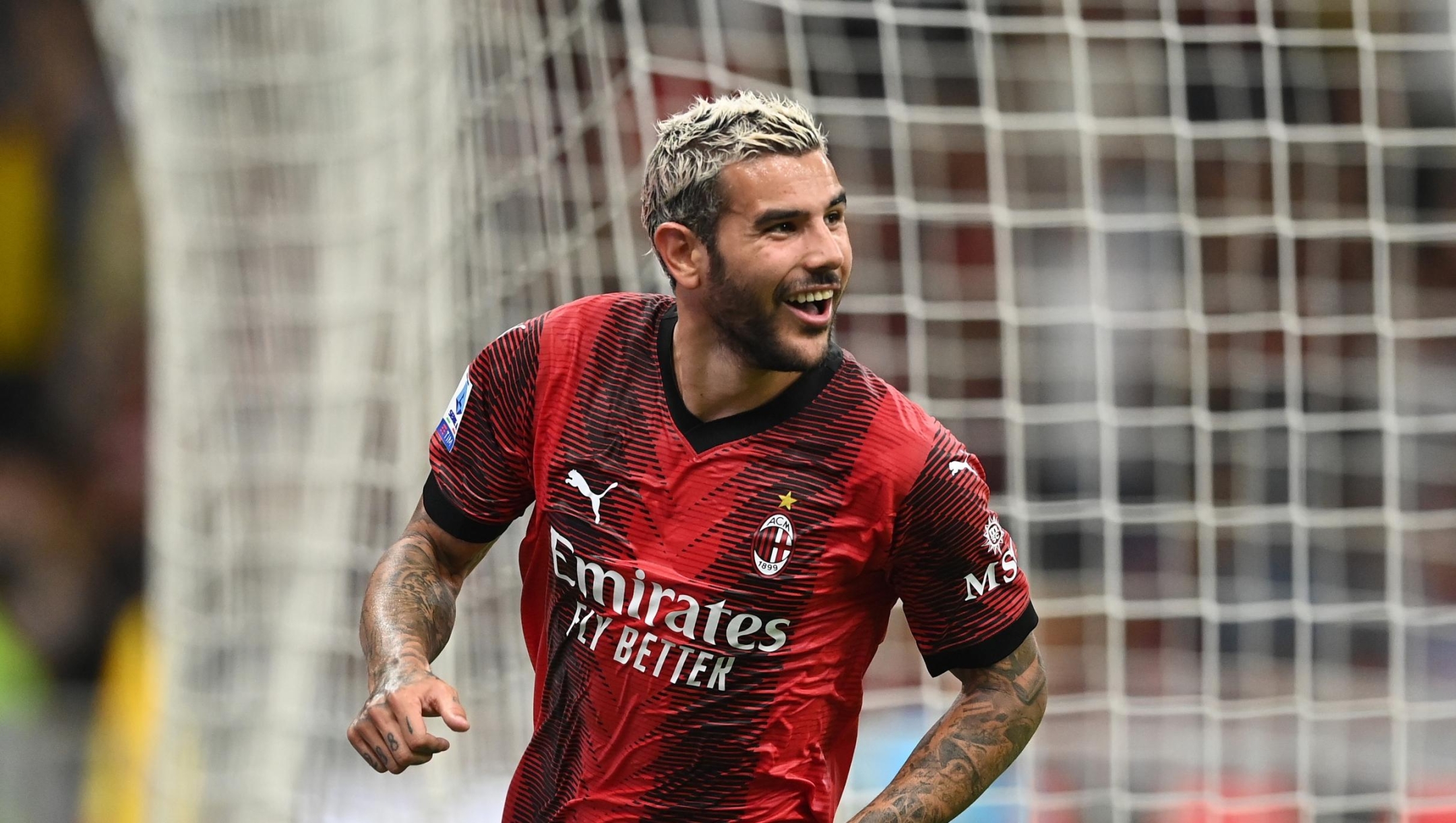 MILAN, ITALY - AUGUST 26:  Theo Hernandez of AC Milan celebrates after scoring the goal during the Serie A TIM match between AC Milan and Torino FC at Stadio Giuseppe Meazza on August 26, 2023 in Milan, Italy. (Photo by Claudio Villa/AC Milan via Getty Images)