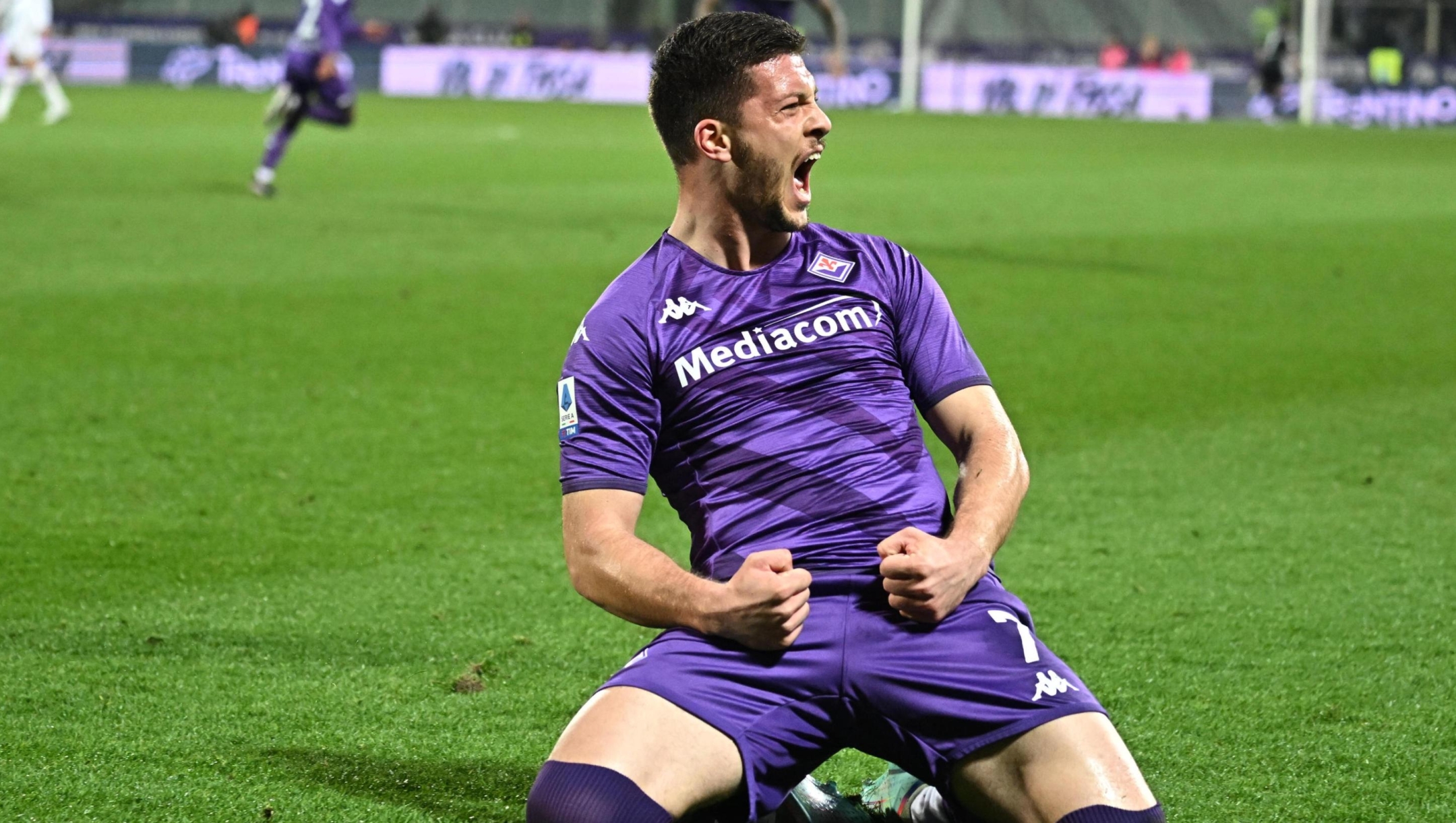 Fiorentina's Serbian foward Luka Jovic  celebrates after scoring a goal during the Italian serie A soccer match ACF Fiorentina vs AC Milan at Artemio Franchi Stadium in Florence, Italy, 4 March 2023 ANSA/CLAUDIO GIOVANNINI