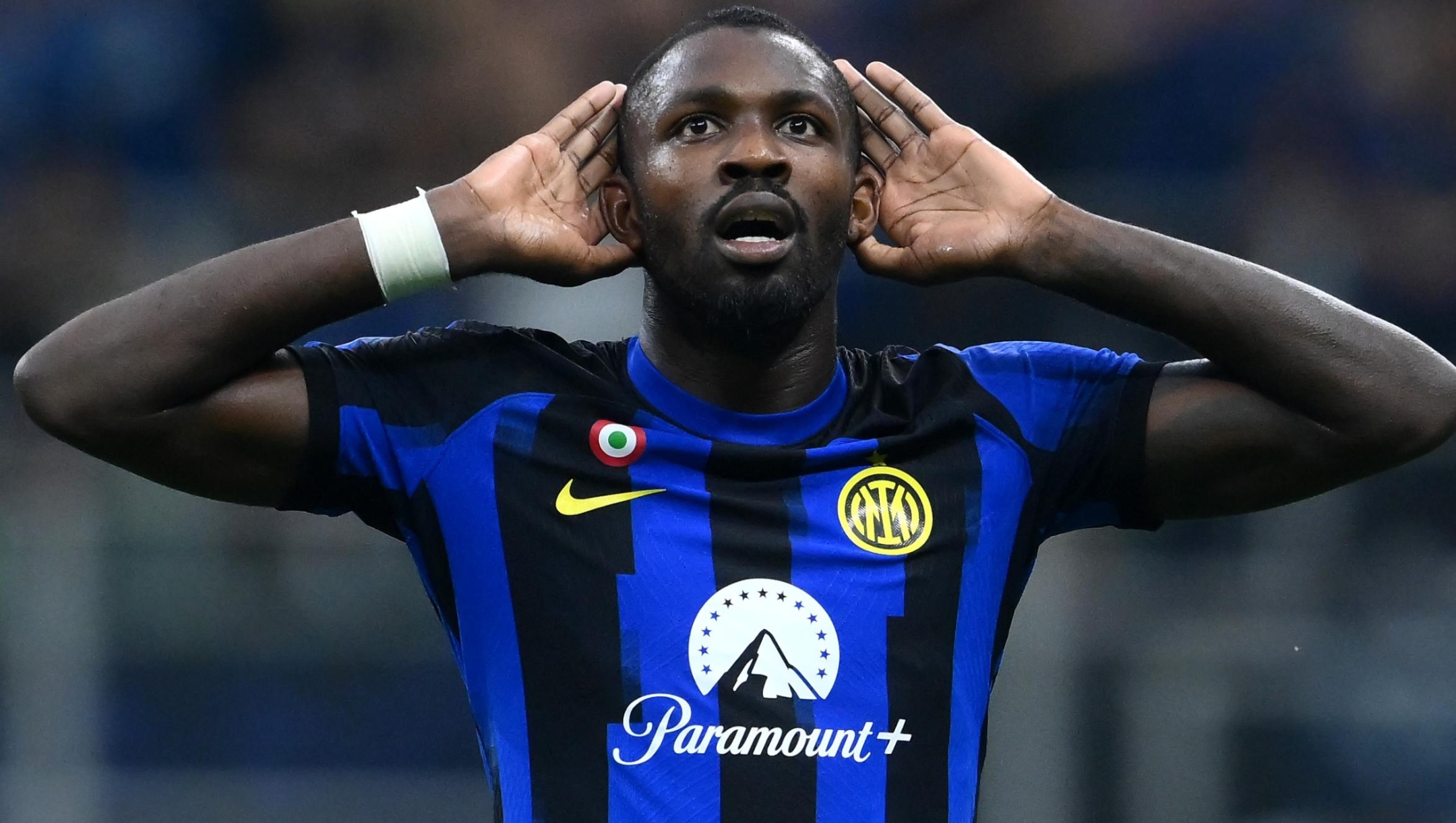 MILAN, ITALY - SEPTEMBER 16: Marcus Thuram of FC Internazionale celebrates after scoring the second goal during the Serie A TIM match between FC Internazionale and AC Milan at Stadio Giuseppe Meazza on September 16, 2023 in Milan, Italy. (Photo by Mattia Pistoia - Inter/Inter via Getty Images)