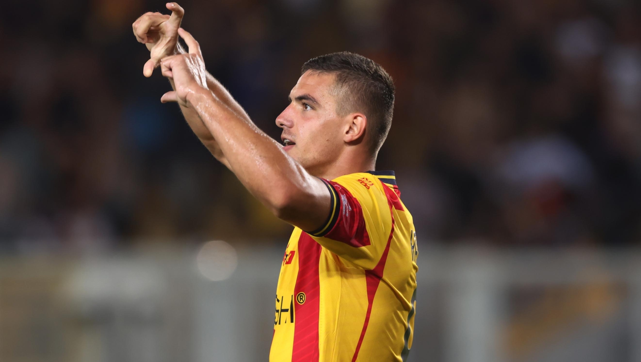LECCE, ITALY - SEPTEMBER 03: Nikola Krstovic of Lecce celebrates after scoring his team's opening goal during the Serie A TIM match between US Lecce and US Salernitana at Stadio Via del Mare on September 03, 2023 in Lecce, Italy. (Photo by Maurizio Lagana/Getty Images)