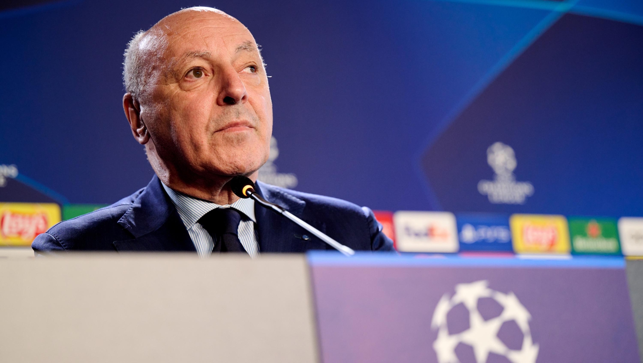 COMO, ITALY - JUNE 05: Sport CEO Giuseppe Marotta of FC Internazionale speaks with the media during the press conference at UEFA Campions League Final media day at Appiano Gentile on June 05, 2023 in Como, Italy. (Photo by Mattia Ozbot - Inter/Inter via Getty Images)