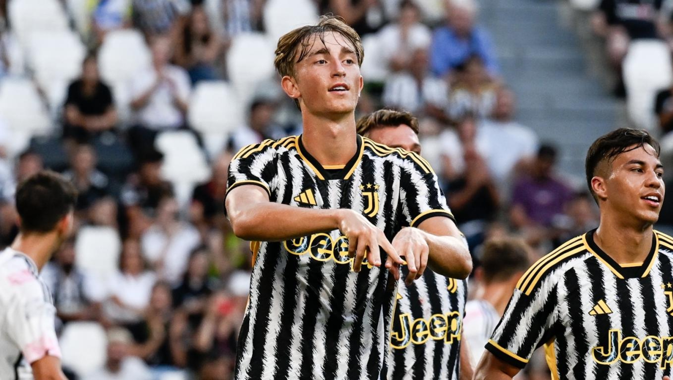 TURIN, ITALY - AUGUST 9: Dean Huijsen of Juventus celebrates during the friendly match between Juventus A and Juventus B at Allianz Stadium on August 9, 2023 in Turin, Italy. (Photo by Daniele Badolato - Juventus FC/Juventus FC via Getty Images)